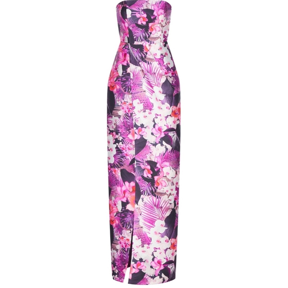 Kay Unger Strapless Floral Maxi Dress in Pink, Purple, White